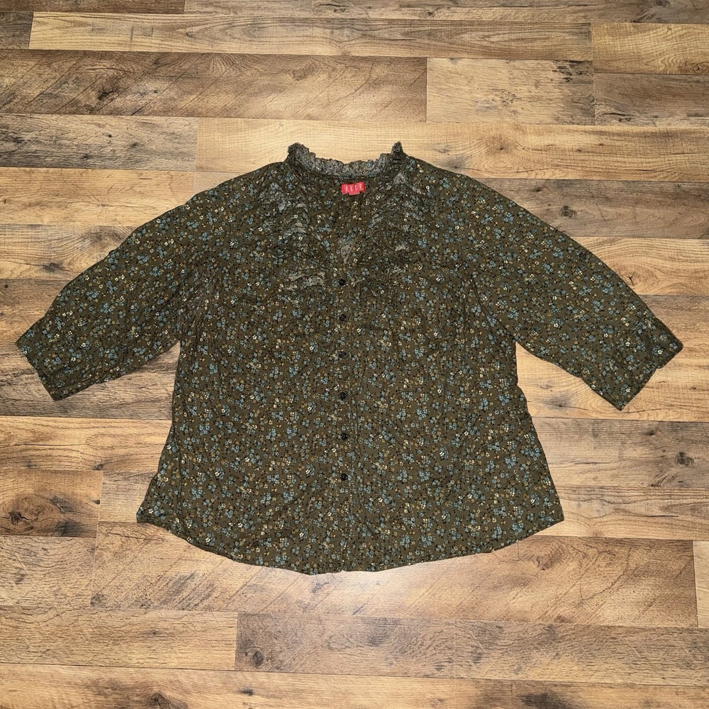ELLE Women's Floral Cottage Button Down Shirt Ruffle V Neck 3/4 Sleeve Olive 1X
